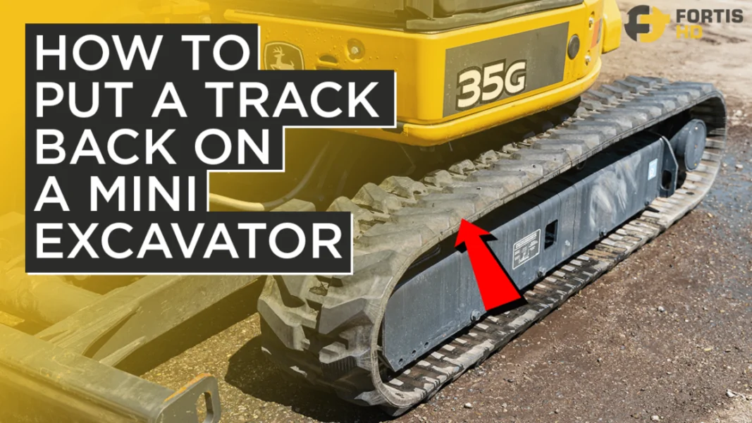 An arrow points at the rubber track on a John Deere 35G mini excavator. An overlay text reads: how to put a track back on a mini excavator.