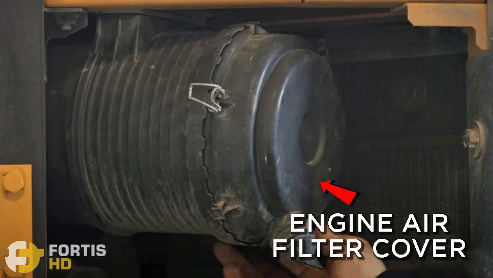 Arrow pointing at the engine air filters on a John Deere 85G Excavator.