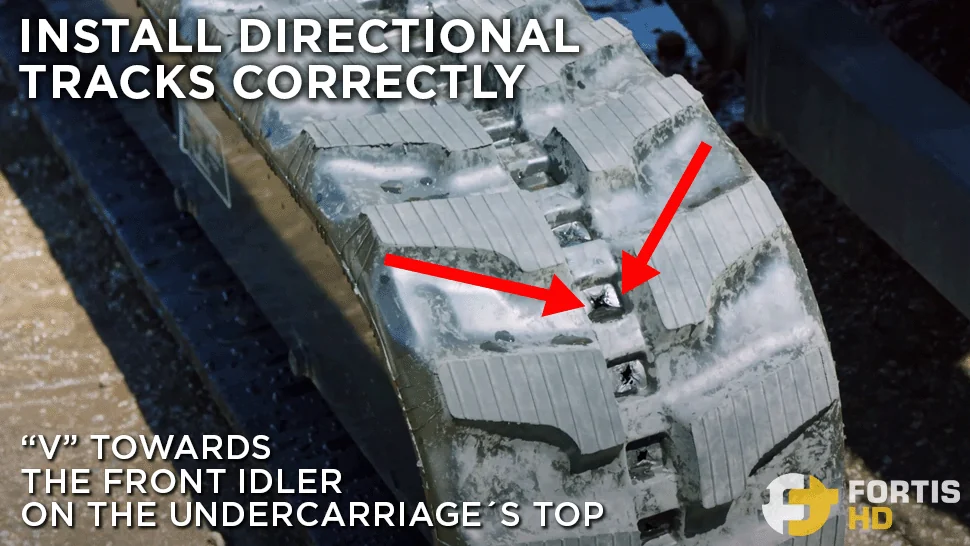 Arrows show how to correctly install directional rubber tracks on a John Deere 35G mini excavator.