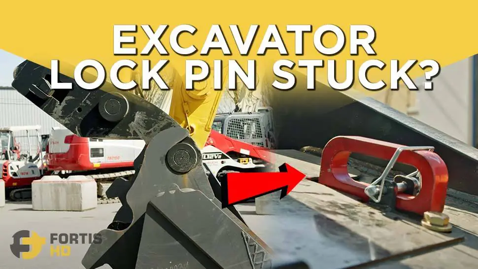 Arrow points at the attachment lock pin on a Komatsu PC490LC Excavator. Overlay text reads: Excavator lock pin stuck?