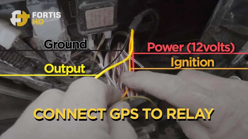 Colors show the power (red), ignition (orange), ground (black), and output (yellow) wires of a GPS tracker.