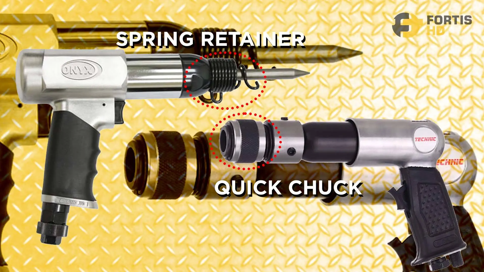 Comparison between a quick chuck and a spring retainer for air hammers.