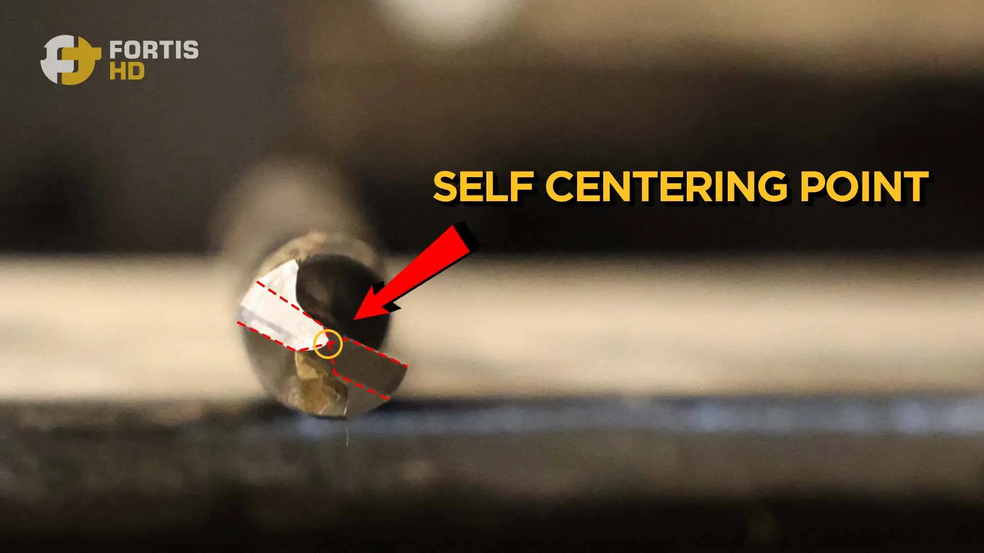 An arrow points at the self centering point of a Mueller Kueps carbide tip drill bit.
