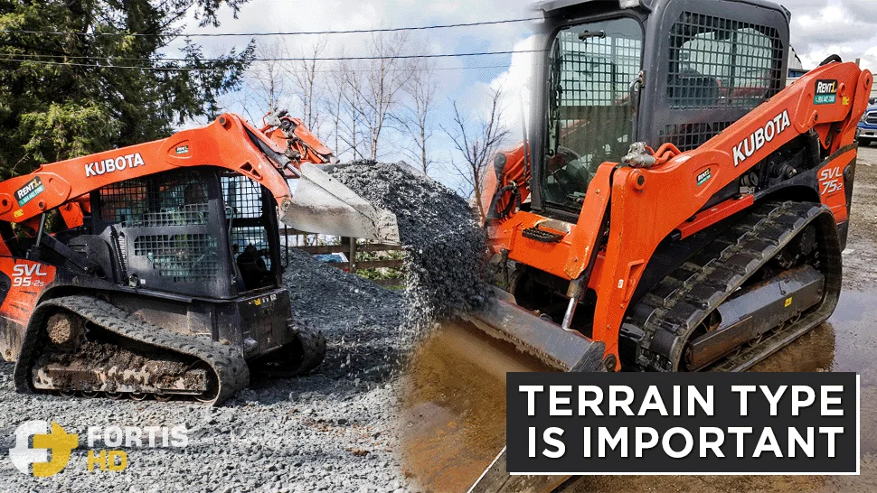 A Kubota SVL95-2 works on rough terrain, and an SVL75-2 on wet concrete.