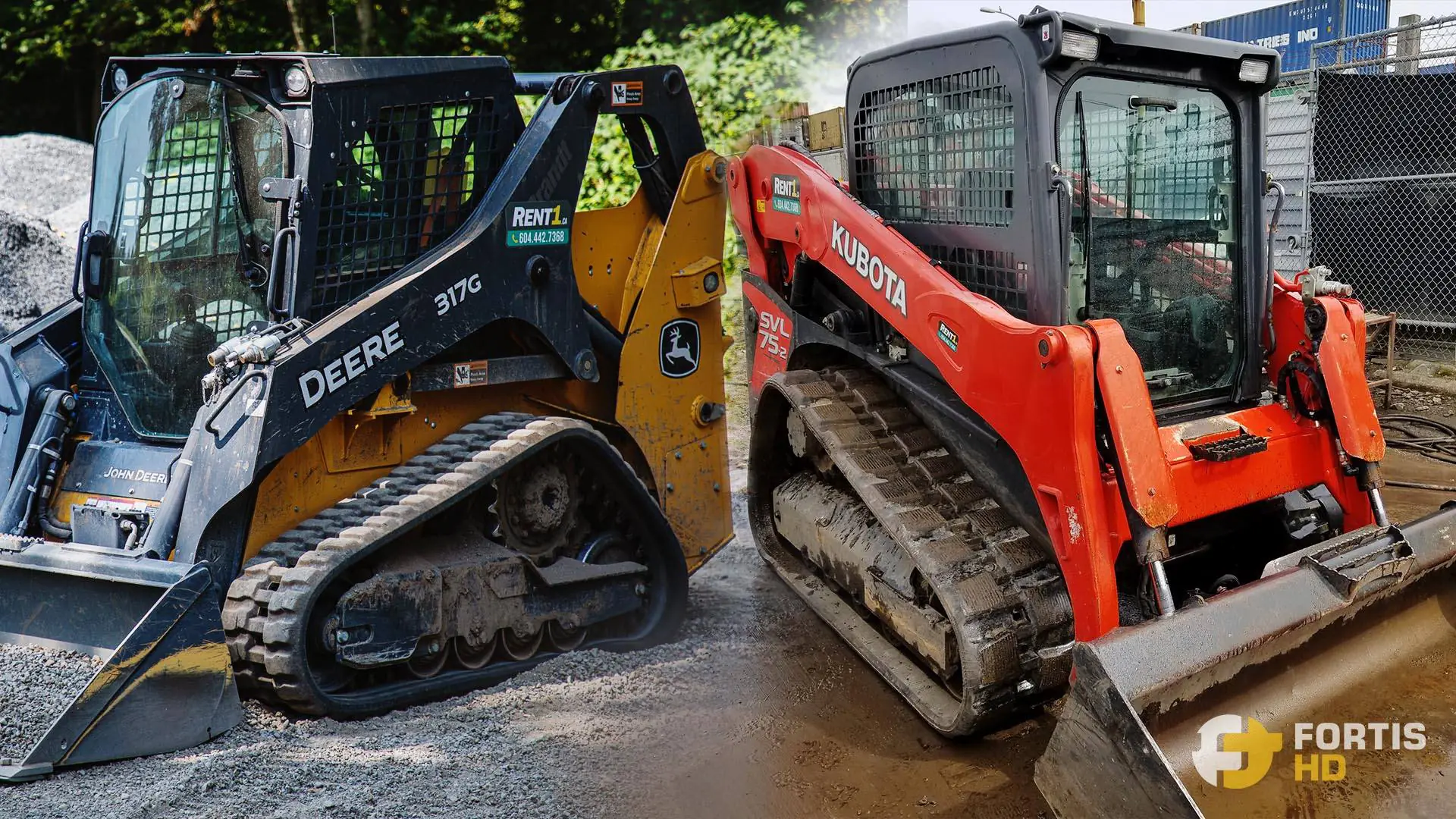 A John Deere 317G and a Kubota SVL75-2 compact track loaders side-by-side.