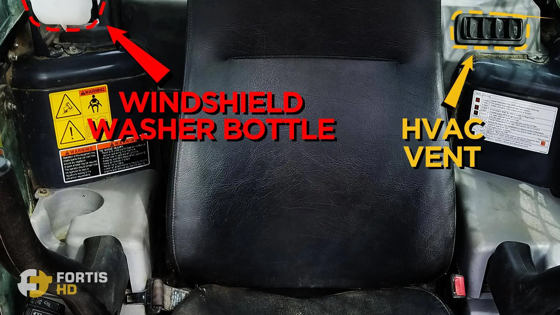 Arrows show the windshield washer bottle and an HVAC vent of the SVL75-2 cab.